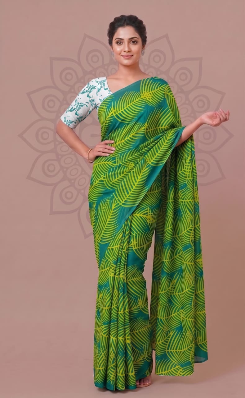 Faddism Bagru Block Print Mulmul Cotton Saree with Running Blouse