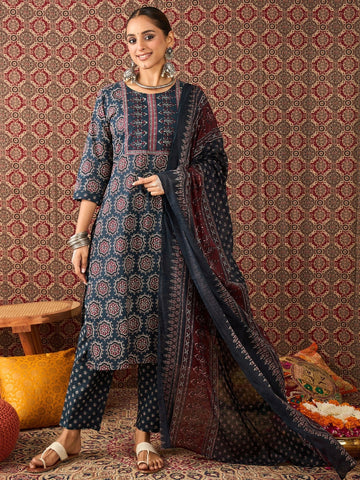Faddism Cotton Printed Kurti Pant Dupatta Set for Women
