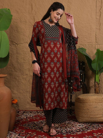 Faddism Cotton Printed Kurti Pant Dupatta Set with Hand Work