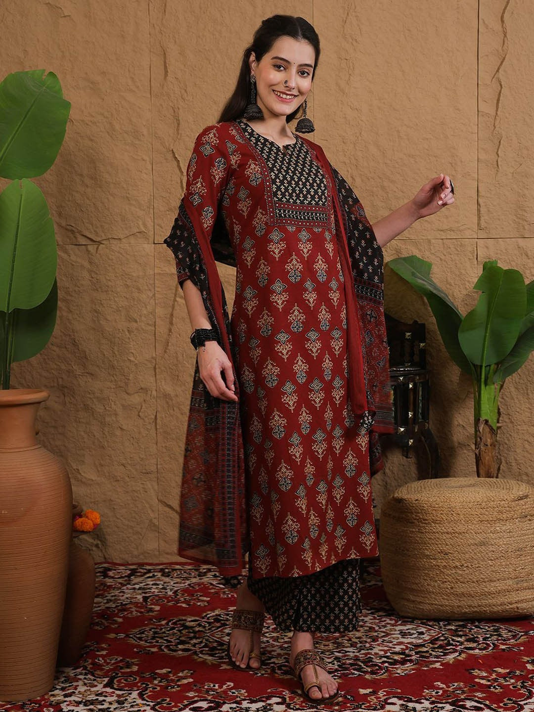 Faddism Cotton Printed Kurti Pant Dupatta Set with Hand Work