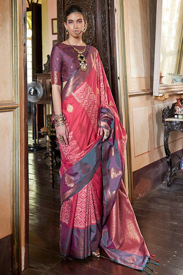 Faddism Kahaani Jam Pink Pure Silk Pochampally Handloom Weaving Saree