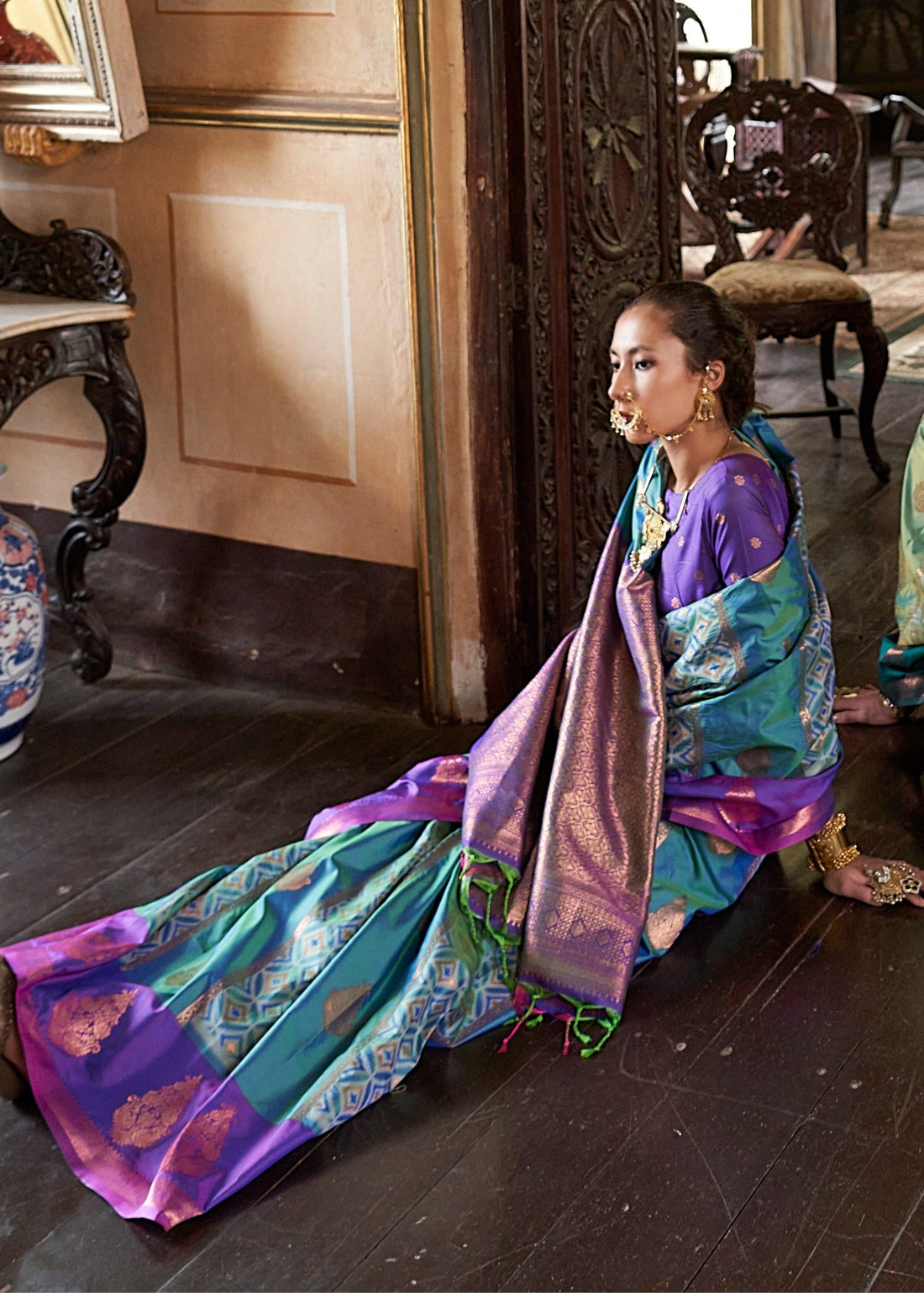 Faddism Kahaani Peacock Blue Pure Silk Pochampally Handloom Weaving Saree