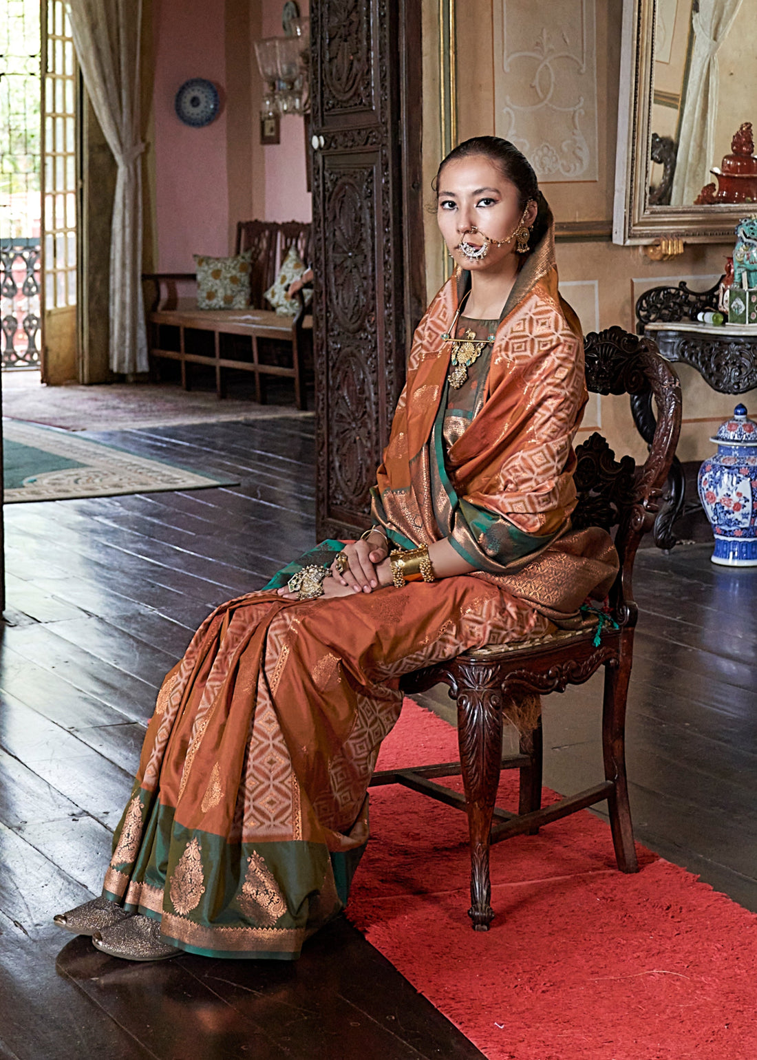 Faddism Kahaani Rust & Green Pure Silk Pochampally Handloom Weaving Saree