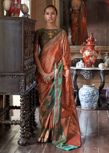 Faddism Kahaani Rust & Green Pure Silk Pochampally Handloom Weaving Saree