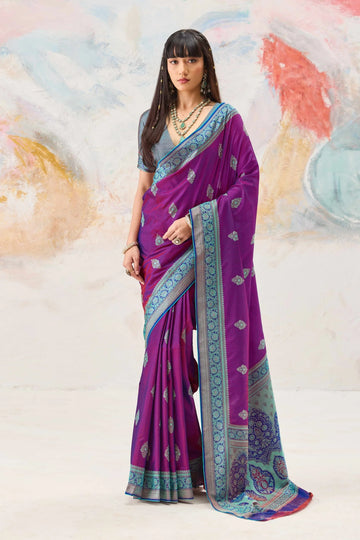 Faddism Kanjivaram Tanchoi 02  Purple Pure Kanjivaram Weaving Silk Saree