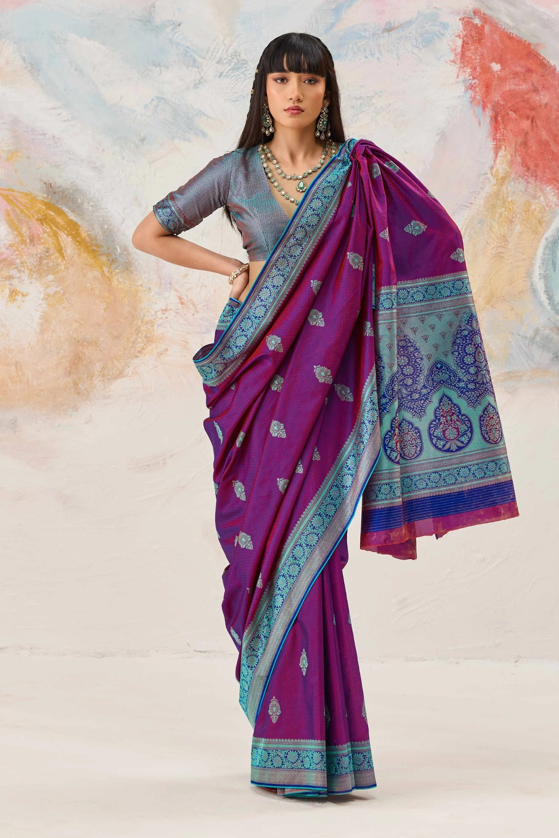 Faddism Kanjivaram Tanchoi 02  Purple Pure Kanjivaram Weaving Silk Saree