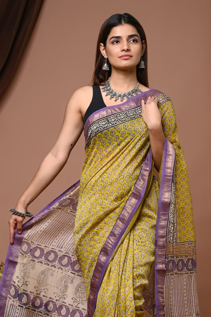 Hand Block Printed Maheshwari Silk Saree with Blouse