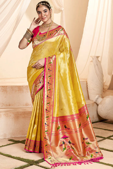 Faddism Mangalya Yellow Silk Paithani Tissue Silk Saree