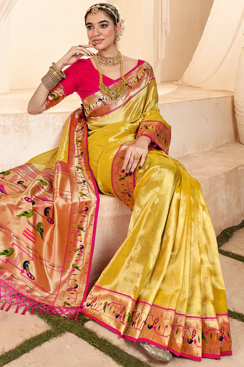 Faddism Mangalya Yellow Silk Paithani Tissue Silk Saree