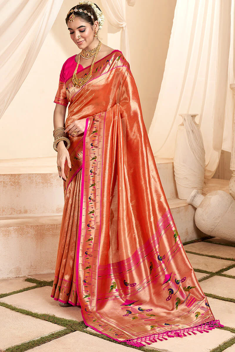 Faddism Mangalya Orange  Silk Paithani Tissue Silk Saree