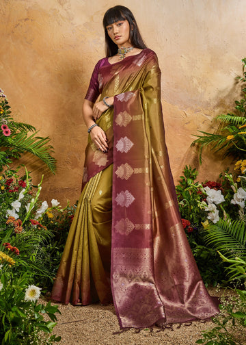 Faddism Mehndi Green Solaris Handloom Weaving Paper Silk Saree