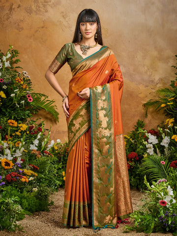 Faddism Orange Pure Silk Pichwai Handloom Weaving Saree