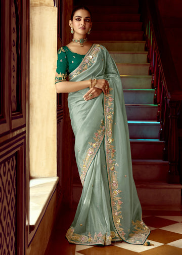 Faddism Pankhudi Green Designer Saree with Hand Worked Border