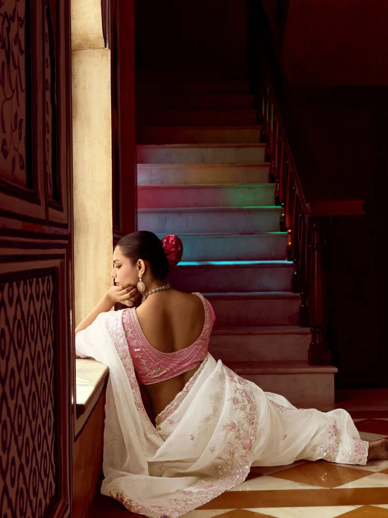 Faddism Pankhudi White Designer Saree with Hand Worked Border