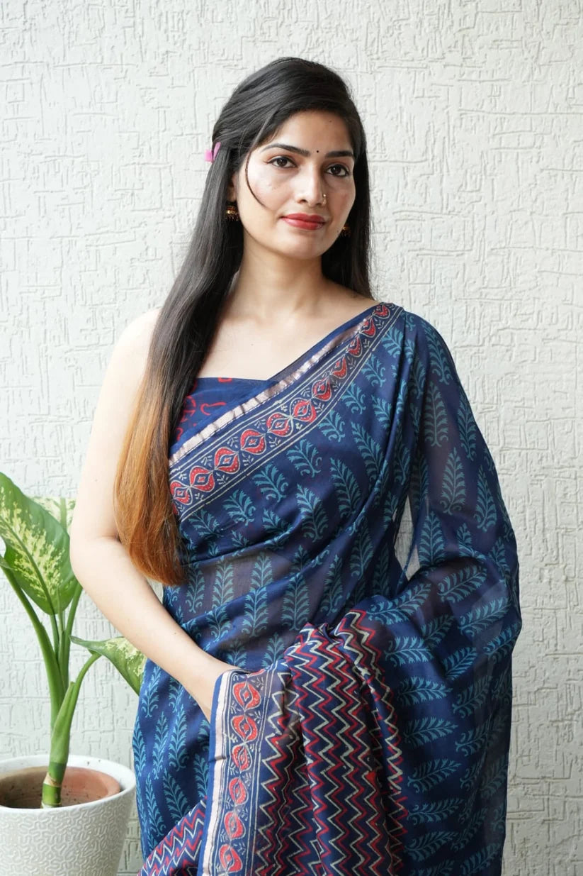 Faddism Pure Hand Block Printed Chanderi Silk Saree with Printed Blouse