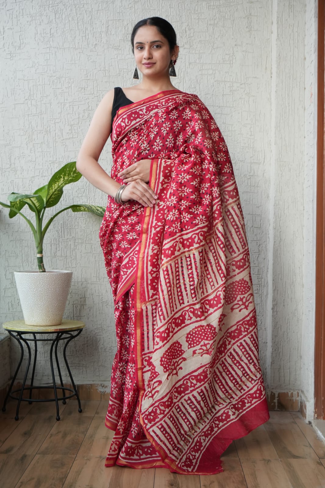 Faddism Pure Hand Block Printed Chanderi Silk Saree with Printed Blouse
