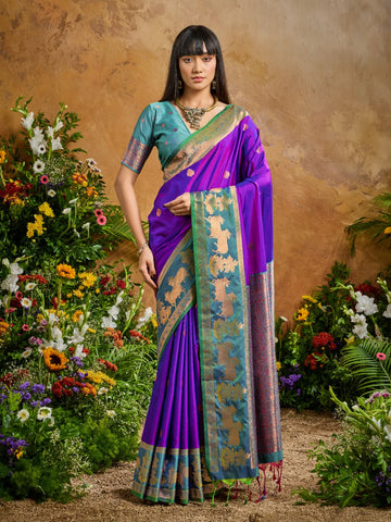 Faddism Purple Pure Silk Pichwai Handloom Weaving Saree