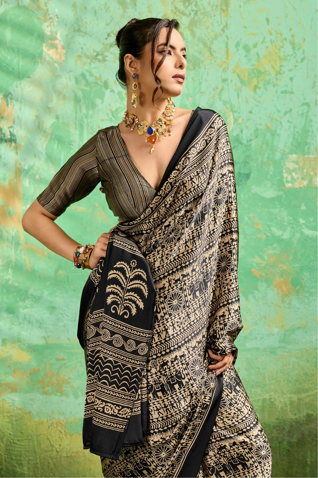 Faddism QUEEN Modal Satin Ajrakh Print Saree