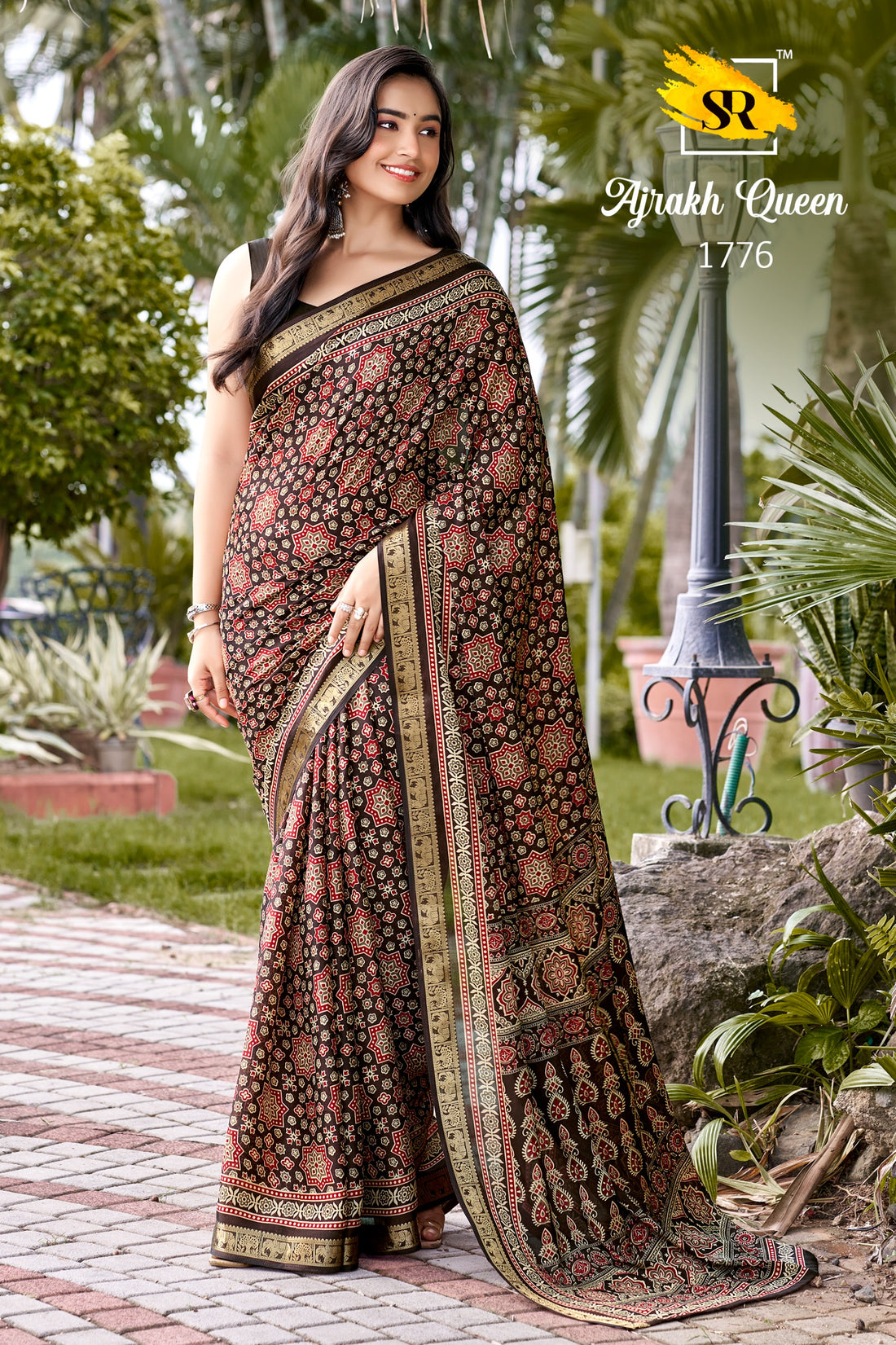 Faddism SR Ajrakh Queen Crap Sattin Saree with Weaving Jacquard Border