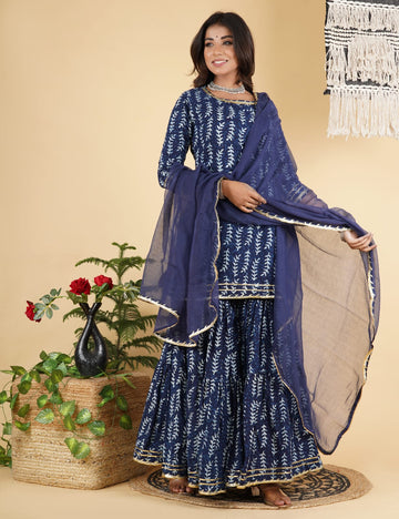 Faddism Hand Block Print Cotton Short Kurta with Tier Gharara & Kota Doria Dupatta