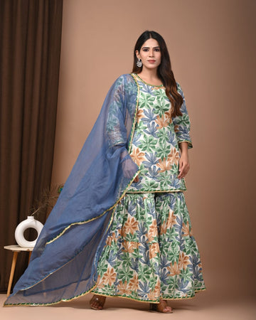 Faddism Hand Block Print Cotton Short Kurta with Tier Gharara & Kota Doria Dupatta