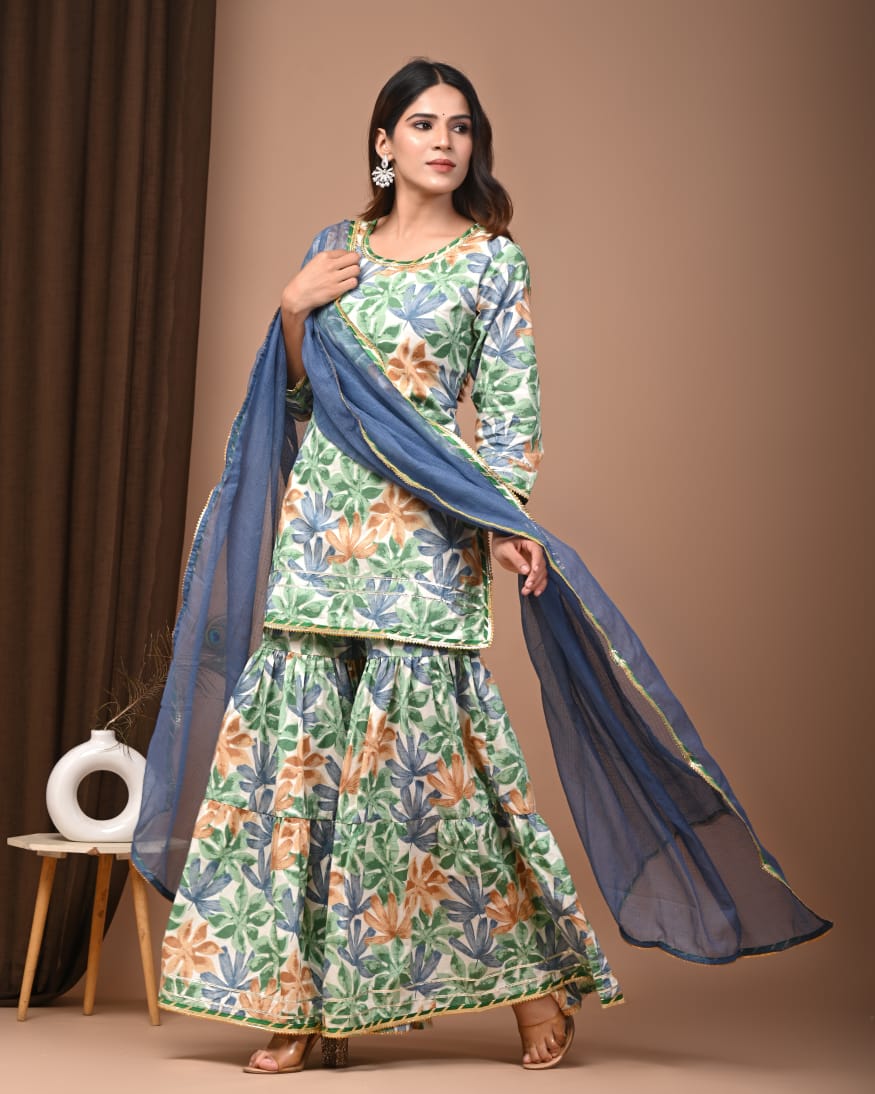 Faddism Hand Block Print Cotton Short Kurta with Tier Gharara & Kota Doria Dupatta