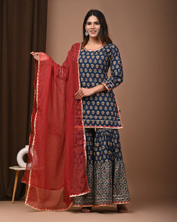 Faddism Hand Block Print Cotton Short Kurta with Tier Gharara & Kota Doria Dupatta