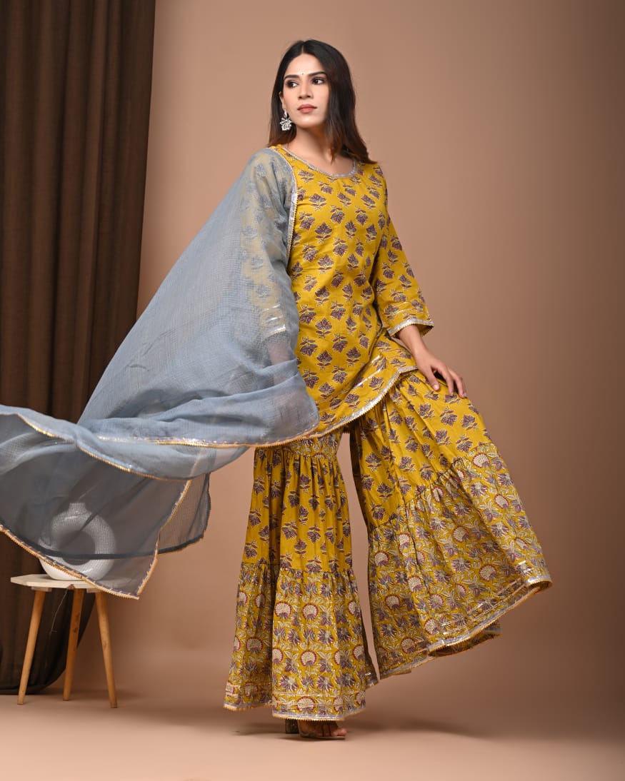 Faddism Hand Block Print Cotton Short Kurta with Tier Gharara & Kota Doria Dupatta