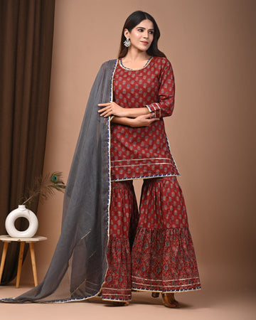 Faddism Hand Block Print Cotton Short Kurta with Tier Gharara & Kota Doria Dupatta