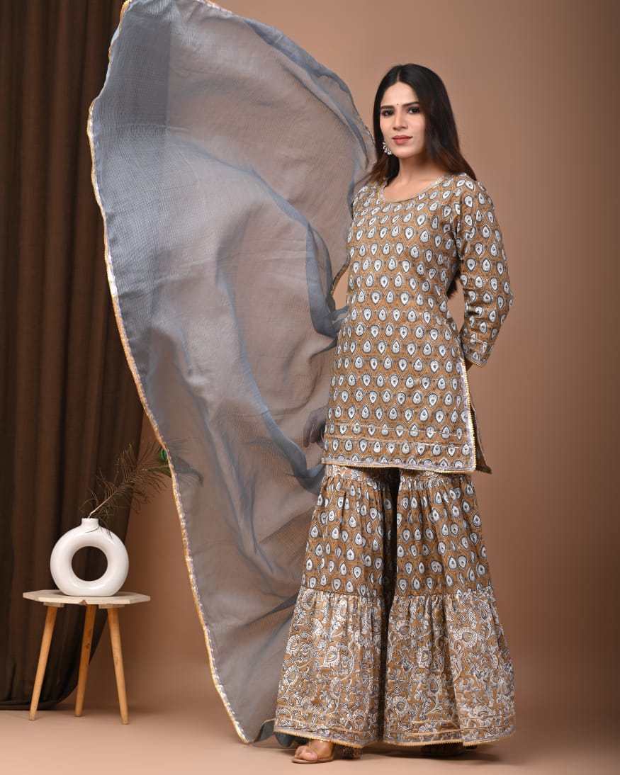 Faddism Hand Block Print Cotton Short Kurta with Tier Gharara & Kota Doria Dupatta