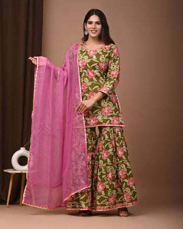 Faddism Hand Block Print Cotton Short Kurta with Tier Gharara & Kota Doria Dupatta