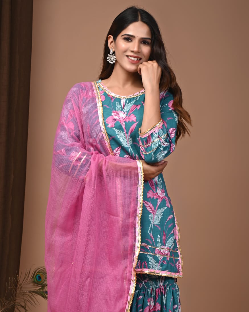 Faddism Hand Block Print Cotton Short Kurta with Tier Gharara & Kota Doria Dupatta