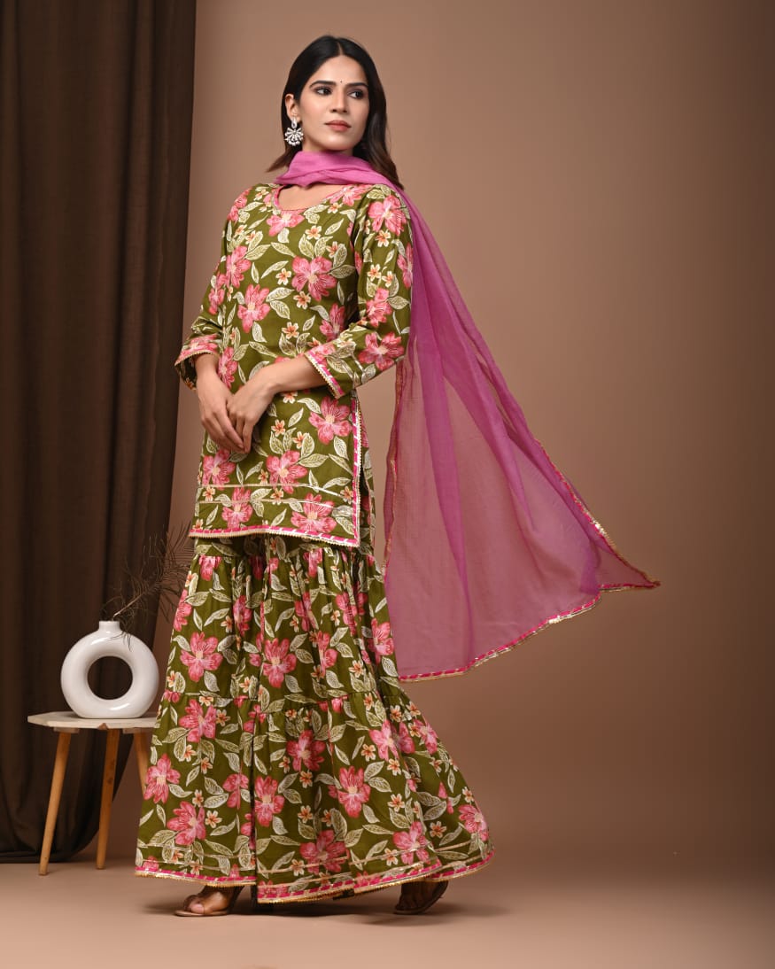 Faddism Hand Block Print Cotton Short Kurta with Tier Gharara & Kota Doria Dupatta