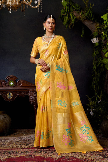 Sundari Vol 2 Yellow Organza Khadi Saree with Zhallar