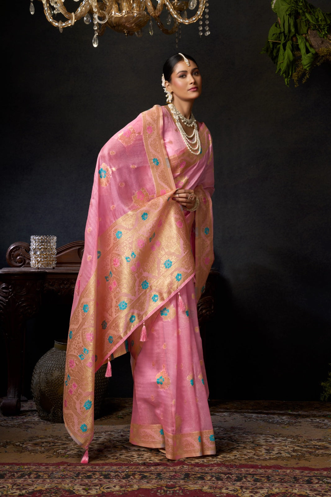 Sundari Vol 2 Blossom Pink Organza Khadi Saree with Zhallar