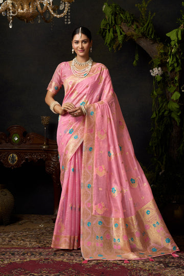 Sundari Vol 2 Blossom Pink Organza Khadi Saree with Zhallar
