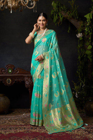Sundari Vol 2 Sky Blue Organza Khadi Saree with Zhallar