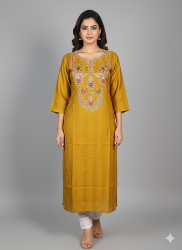Faddism Fancy Cotton Straight Kurti with Neck Embroidery