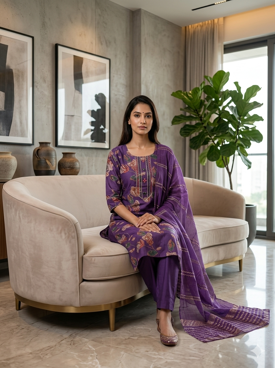 Faddism Floral Elegance Purple Modal Silk Kurta Pant Dupatta Set with Foil & Gota Patti Work
