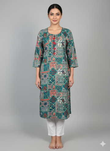 Faddism Premium RayonSelf-Design Straight Kurti