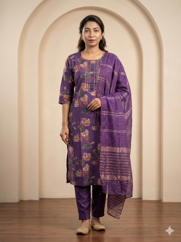 Faddism Floral Elegance Purple Modal Silk Kurta Pant Dupatta Set with Foil & Gota Patti Work