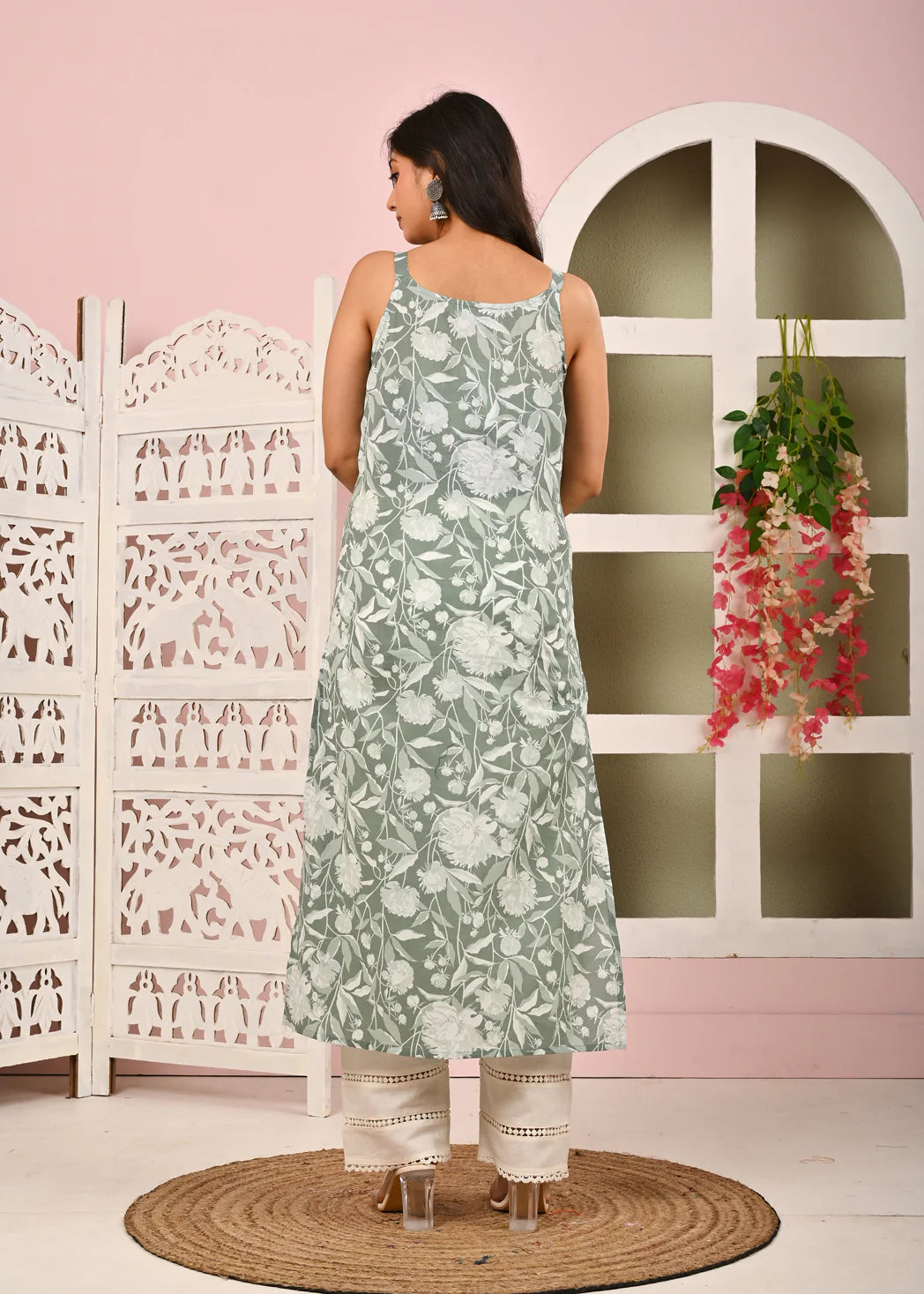 Women’s Green Printed Straight Cotton Kurta with Shoulder Straps