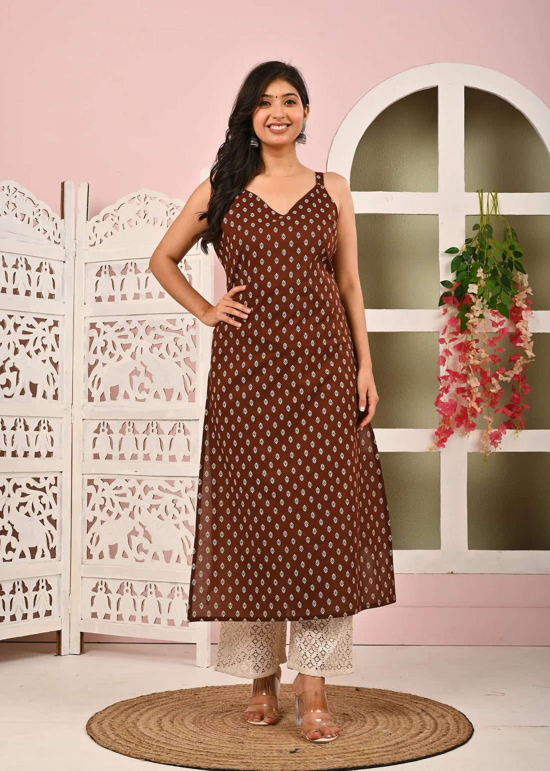 Women’s Brown Printed Straight Cotton Kurta with Shoulder Straps