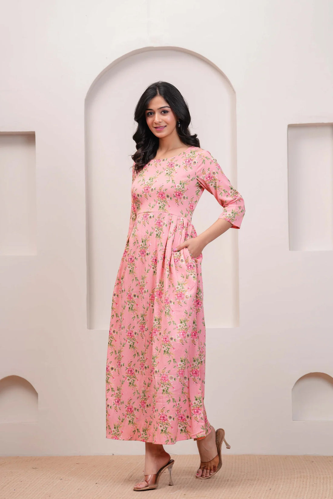 Peach Floral Printed Polyester Flared Dress for Women