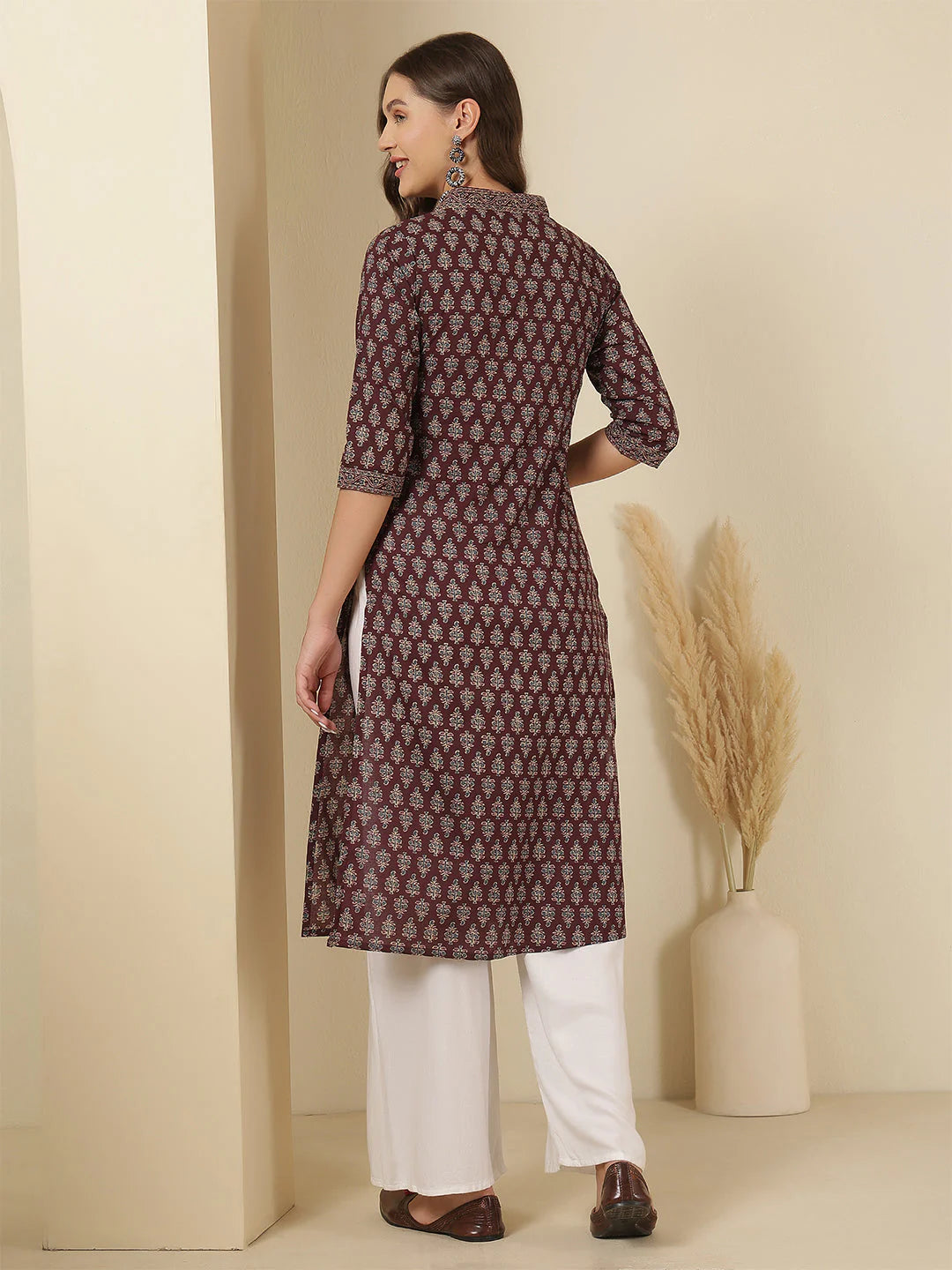 Women’s Burgundy Printed Cotton Kurta