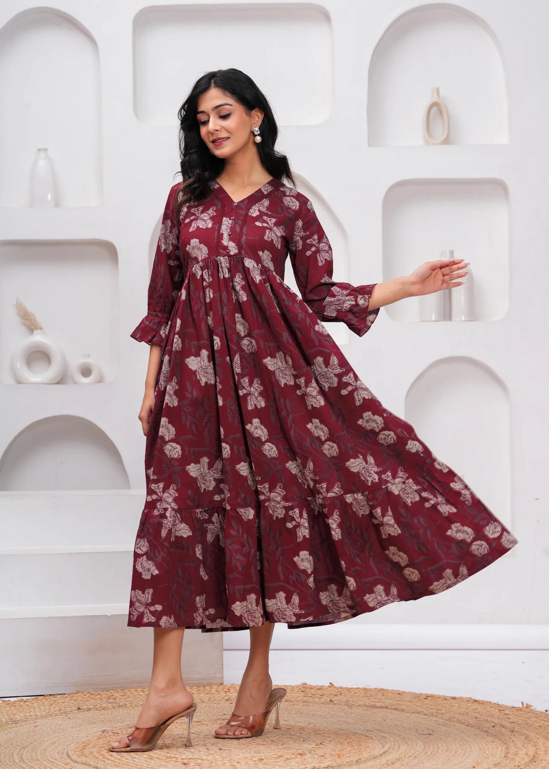 Burgundy Floral Fit & Flare Cotton Dress for Women