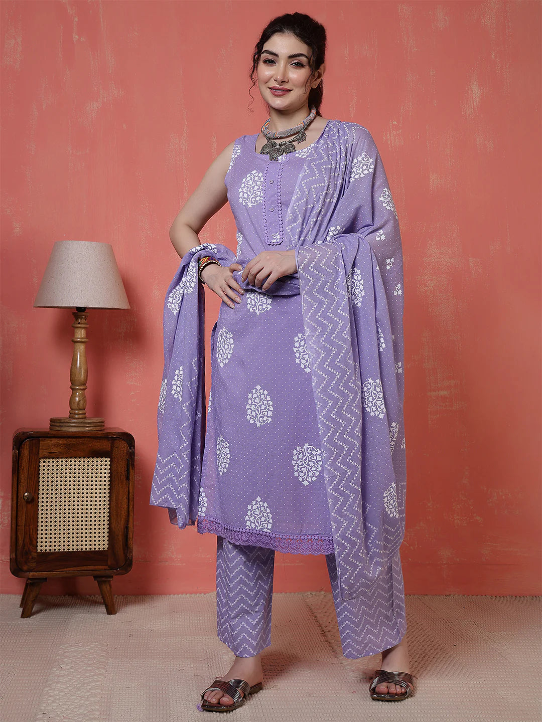 Purple Printed Cotton Kurta Set with Dupatta for Women