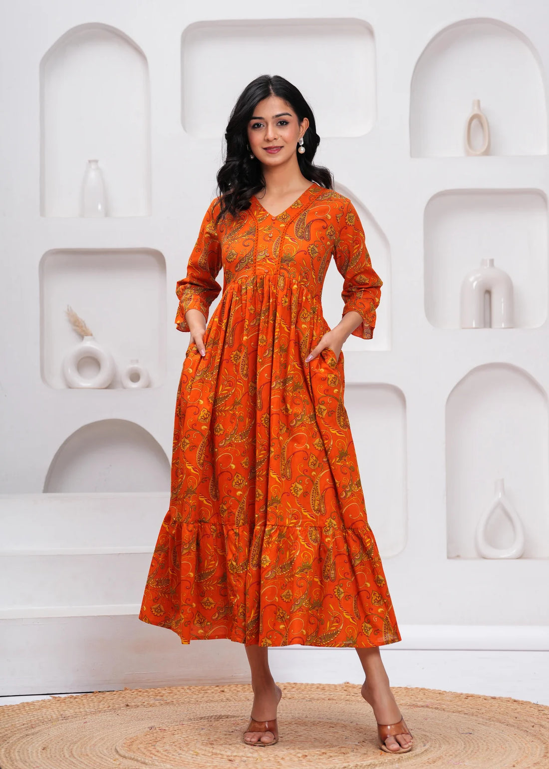 Orange Floral Fit & Flare Cotton Midi Dress for Women