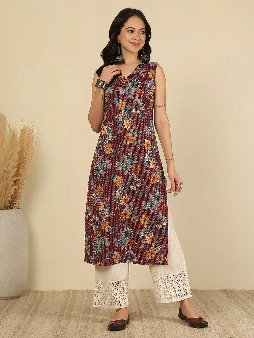 Women’s Burgundy Printed Cotton Kurta