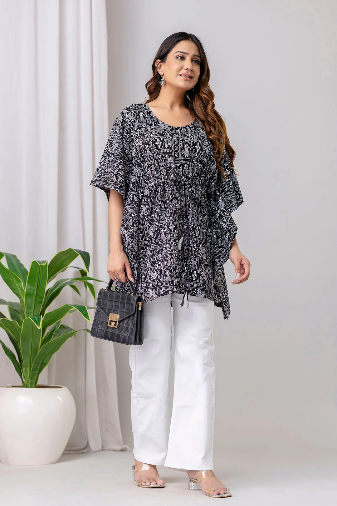 Women’s Black Printed Cotton Kaftan Kurta